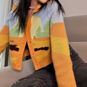 UO x House Of Sunny Daybreak Blue Retro Landscape Rib Knit Crop Cardigan Sweater